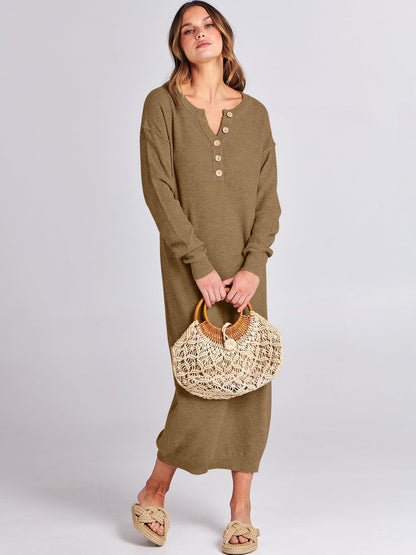 ANRABESS Women Long Sleeve Button V Neck Oversized Casual Loose Fit Waffle Knit Fall Midi Sweater Dress 2024 Trendy Outfits Khaki Medium