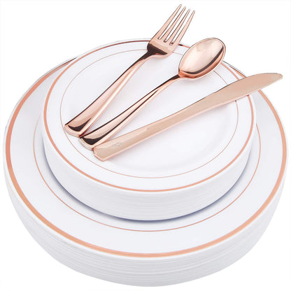 WDF-125PCS Rose Gold Plastic Silverware&Disposable Plastic Plates - Plastic Plates include 25 Dinner Plates,25 Salad Plates,25 Forks, 25 Knives, 25 Spoons for Wedding, Party, Mother's Day