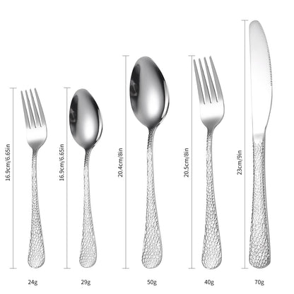 A · HOUSEWARE Vintage Silverware Set Hammered Flatware Silver Eating Utensils Stainless Steel Forks Spoons Knives for Restaurant Home Kitchen Parties Durable
