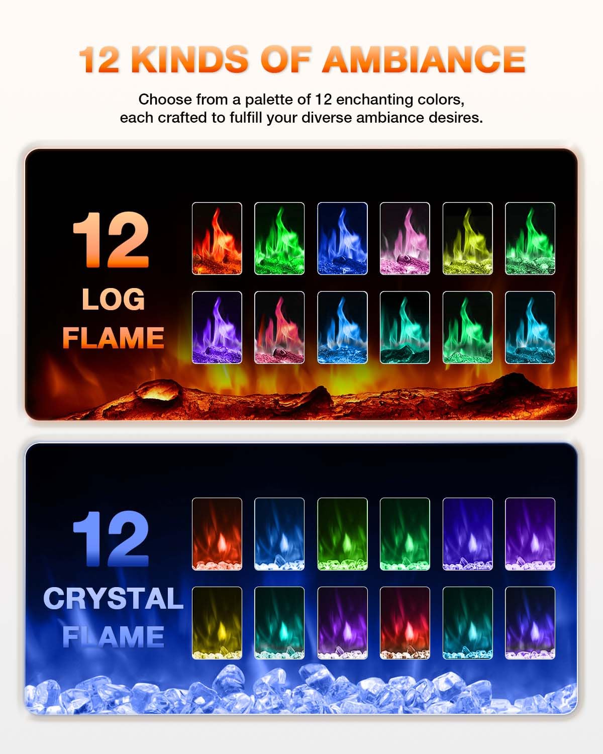 VISVEIL Electric Fireplace,Realistic Flame Electric Fireplace Heater,Log Set,Crystal Flames 750-1500W with Timer Inserts,Wall Mounted,TV Stand Touch Screen and Remote 50 Inch