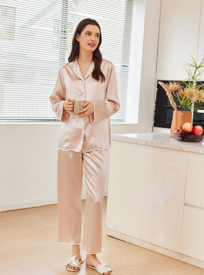 Ekouaer Silk Pajamas for Women Satin Long Sleeve Pajamas Set 2 Pieces Button Down Shirts and Pants Ruffle Sleepwear Champagne Medium