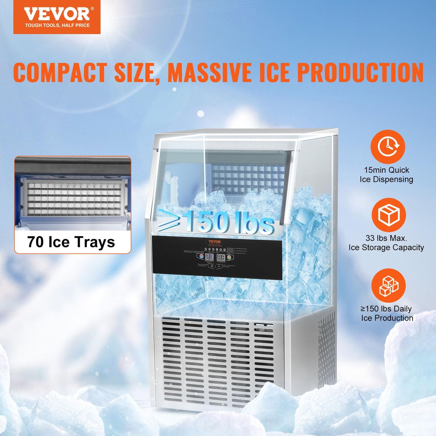 VEVOR Commercial Ice Maker Machine, 150lbs/24H Ice Maker Machine with 33lbs Storage Capacity, 70 Ice Cubes in 12-15 Minutes, Built in Electric Drain Pump Ice Maker for Bar Home Office Restaurant