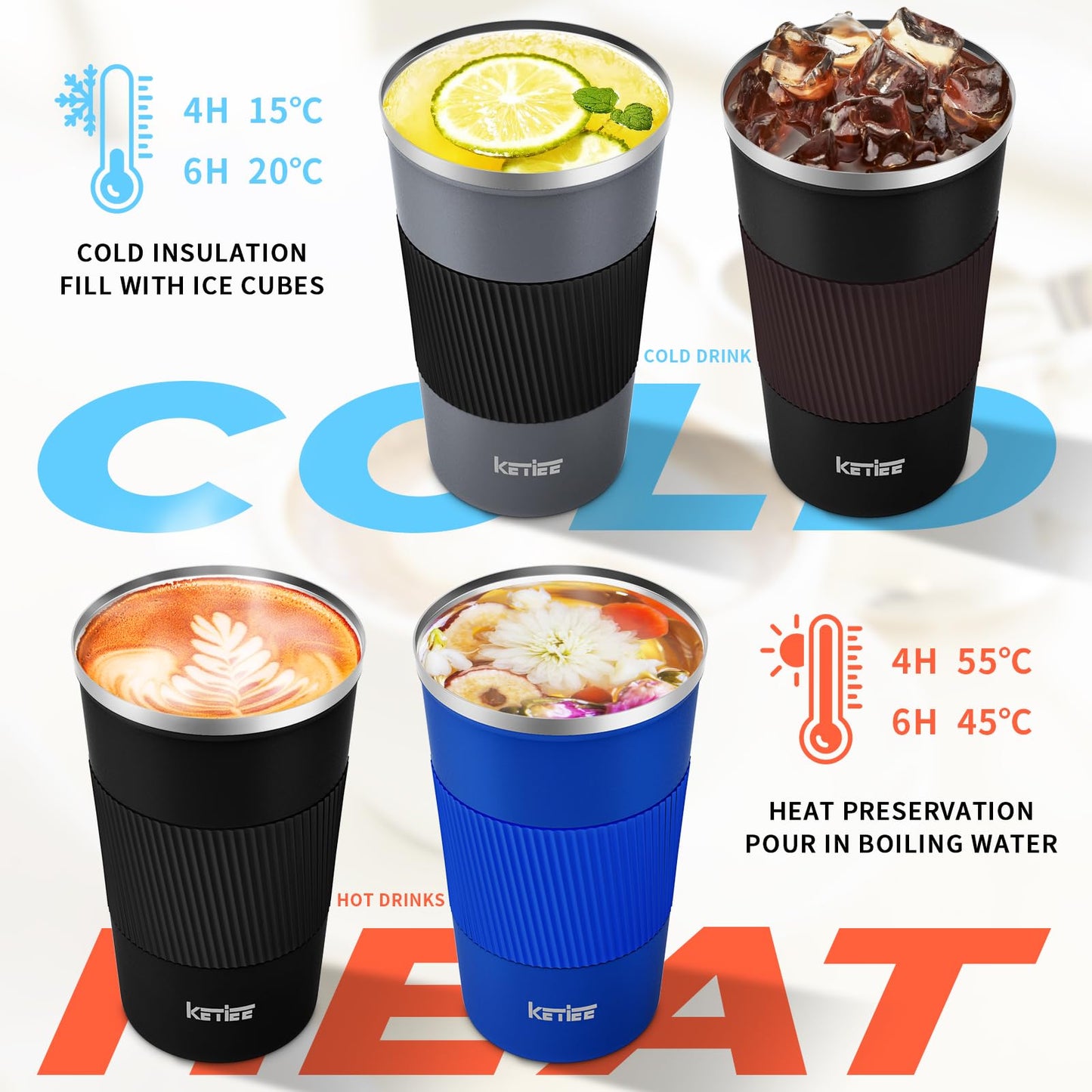 KETIEE Travel Coffee Mug 12oz: Insulated Coffee Cup with Leakproof Lid, Coffee Tumbler, Reusable Coffee Cups with Seal Lid, Vacuum Stainless Steel Coffee Mug to Go for Hot/Ice Coffee Tea (Grey)