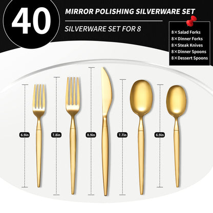 Rygten QU 40-piece Gold Silverware Set, Unique Design Stainless Steel Flatware Set, Cutlery Set Spoons And Forks Knives Set, Tableware Set Service For 8, Dishwasher Safe