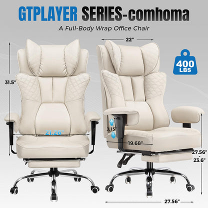 GTPLAYER Big and Tall Office Chair 400LBS Wide Ergonomic Gaming Chair with Deluxe Embossing Designed Leather with Foot Rest,150°Reclining Adjustable Soft Armrests Pocket Spring Back Support and Pillow
