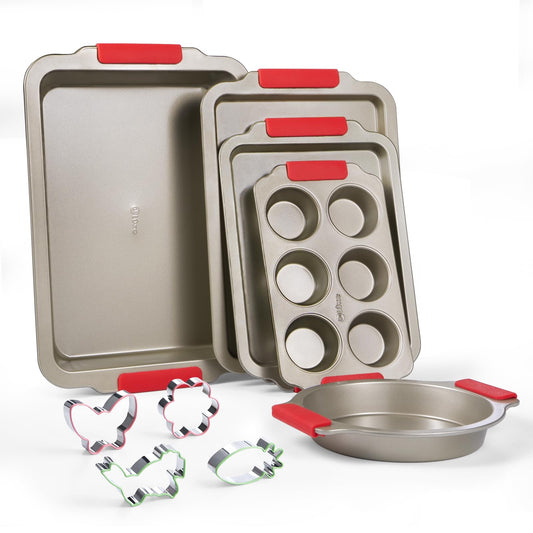 DELUXE Bakeware Sets, Baking Pans Set, Nonstick Oven Pan for Kitchen wth Wider Grips, 9 Pieces Including baking Cookie Sheet, Cake Pans, Muffin Pan, Roastin Pan, Cookie Cutters-Champagne