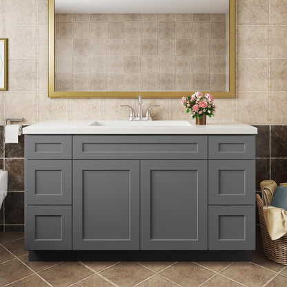 ROOMTEC 60" Assembled Bathroom Vanity Double Drawer Base Cabinet with Soft-Close Door & 6 Drawers, Large Capacity Single Sink for Laundry, Kitchen, Shower & Utility Rooms