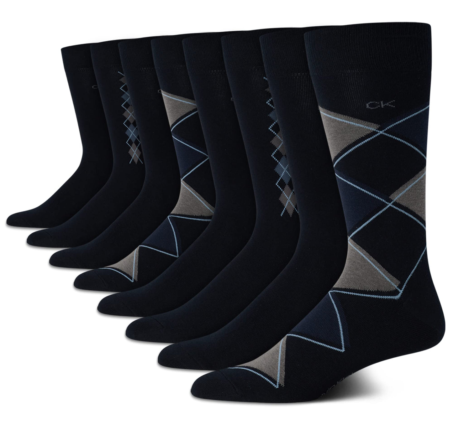 Calvin Klein Men's Dress Socks - Lightweight Cotton Blend Crew Socks (8 Pack), Size 7-12, Navy Argyle