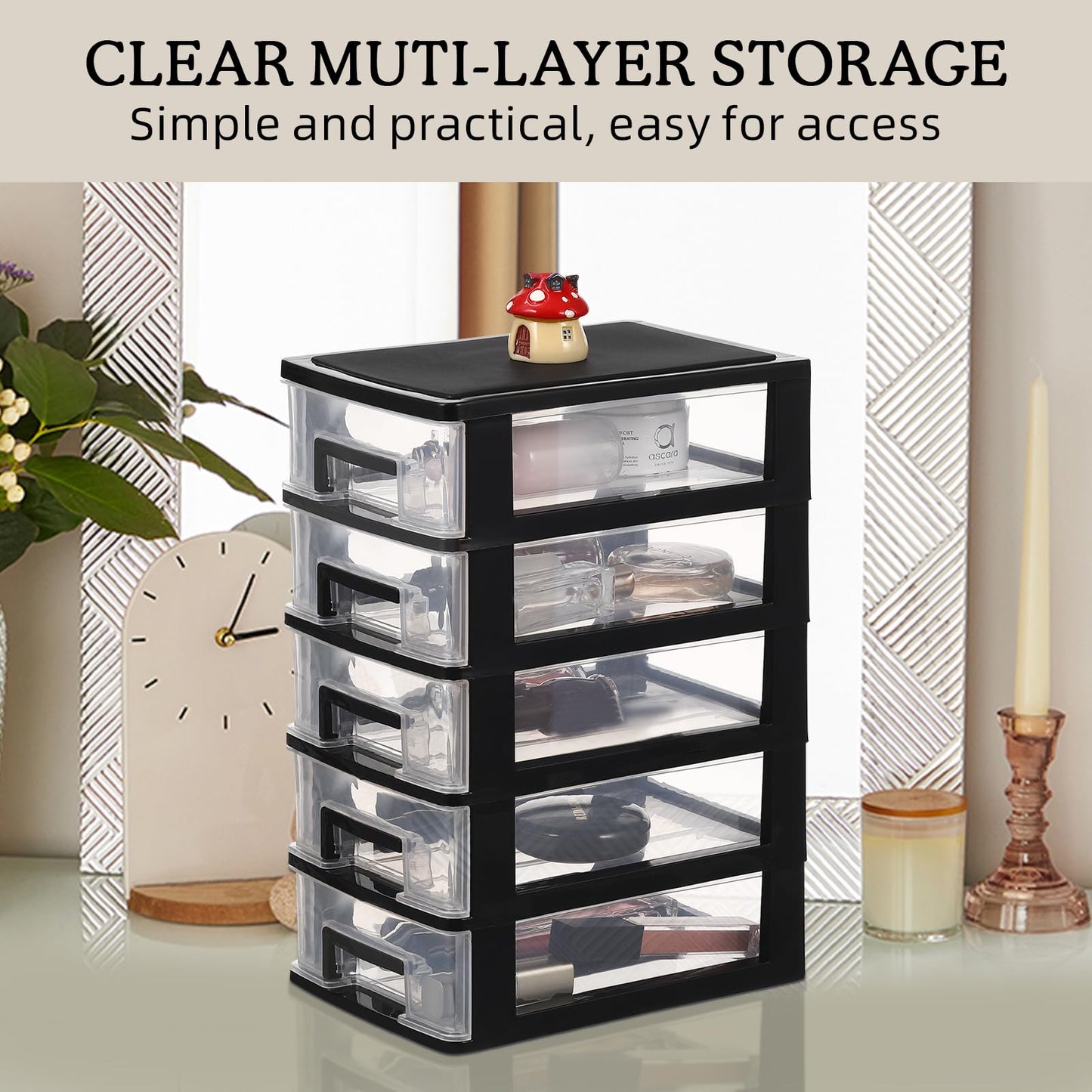 Tofficu Plastic Storage 5 Drawer Storage Tower Multifunctional Storage Cabinet with Clear Drawers Storage Case Organizer for Craft Stationary,5.9×8.5×12.2in (L×W×H)