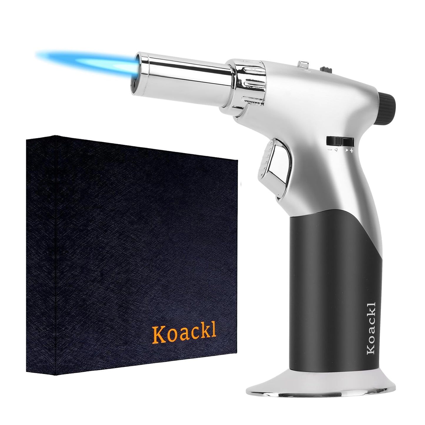 Koackl Dual Flame Mode Butane Torch Lighter, Refillable Luxury Kitchen Torch with Adjustable Flame with Ignition Lock for Welding, Resin Art, Cooking- Platinum and Black(Butane Gas Not Included)