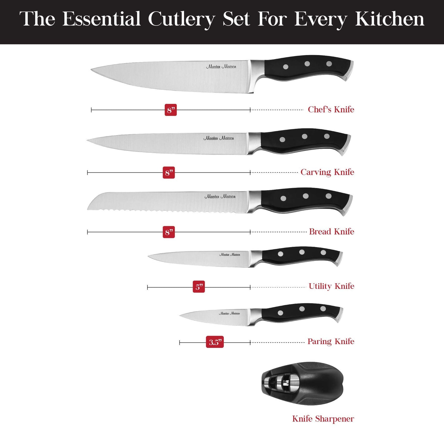 Master Maison 7-Piece Premium Black Kitchen Knife Set with Knife Block & Dual Knife Sharpener German Stainless Steel Knives | Professional Butcher Block Knife Set For Kitchen | Chef Knife Sets