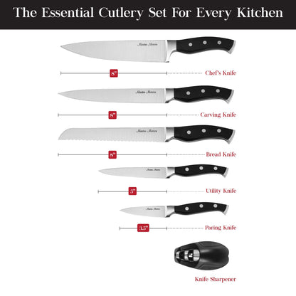 Master Maison 7-Piece Premium Black Kitchen Knife Set with Knife Block & Dual Knife Sharpener German Stainless Steel Knives | Professional Butcher Block Knife Set For Kitchen | Chef Knife Sets