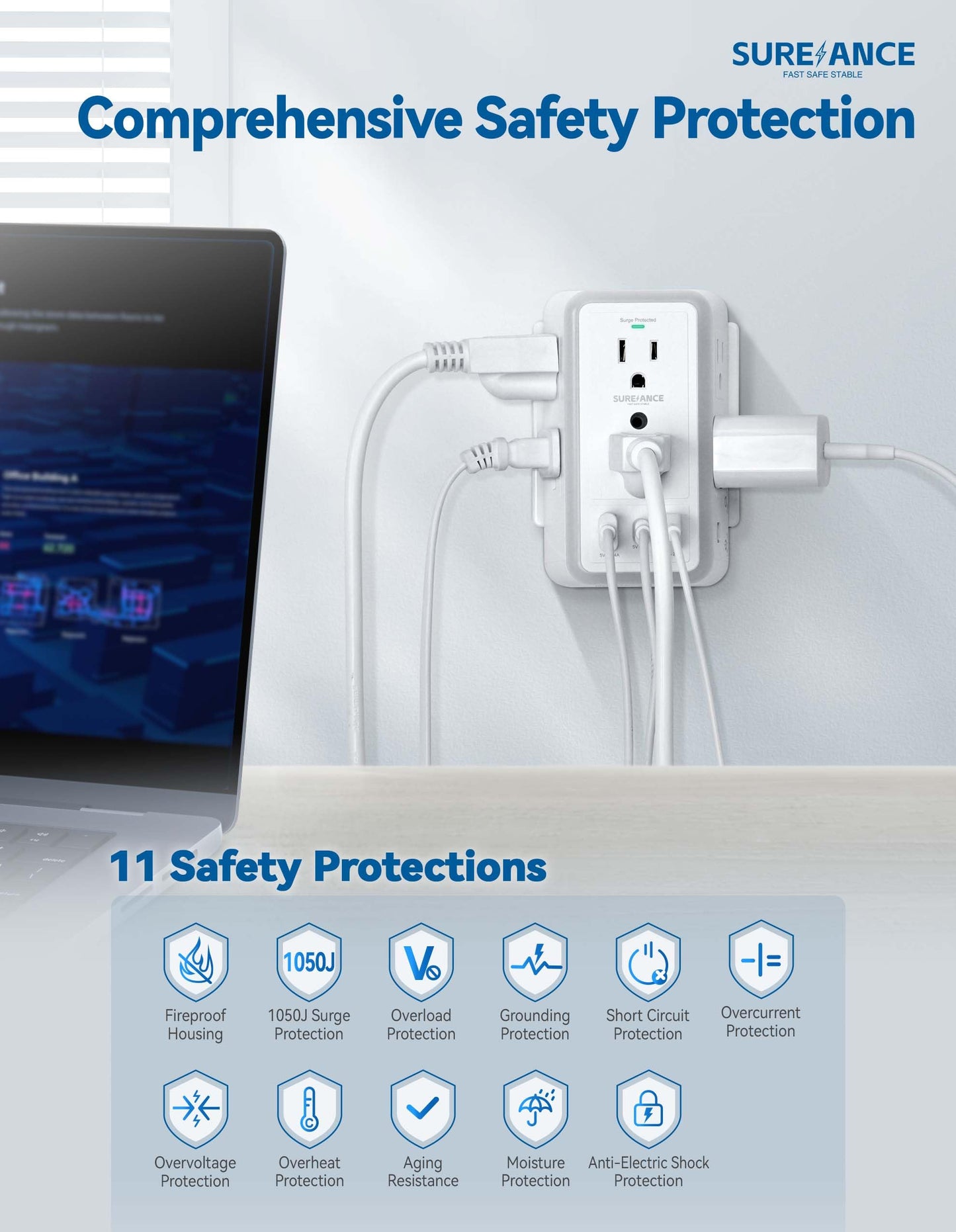 SUREANCE Surge Protector with USB Ports and Lights