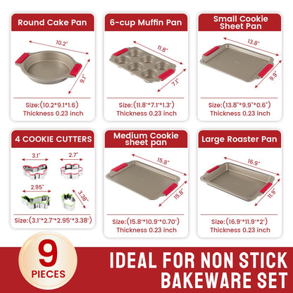DELUXE Bakeware Sets, Baking Pans Set, Nonstick Oven Pan for Kitchen wth Wider Grips, 9 Pieces Including baking Cookie Sheet, Cake Pans, Muffin Pan, Roastin Pan, Cookie Cutters-Champagne