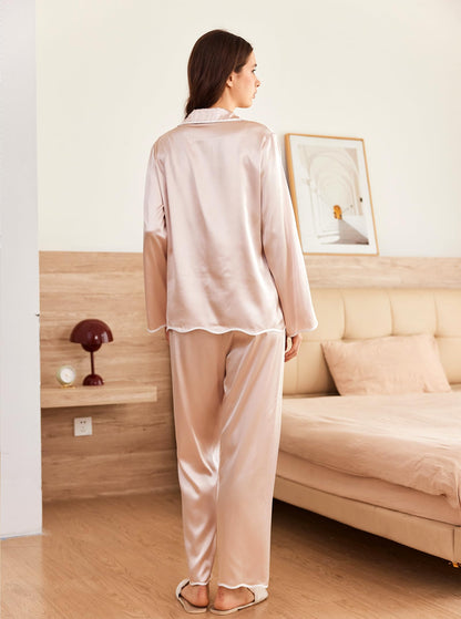 Ekouaer Silk Pajamas for Women Satin Long Sleeve Pajamas Set 2 Pieces Button Down Shirts and Pants Ruffle Sleepwear Champagne Medium