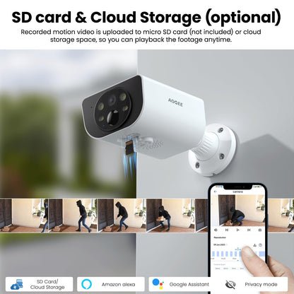 AOQEE 2K Solar Camera Outdoor Wireless-2.4Ghz WiFi Cameras for Home Security, Continuous Power, Color Night Vision, SD Card/Cloud Storage, Waterproof, Compatible with Alexa/Google Home S1 (1 Pack)