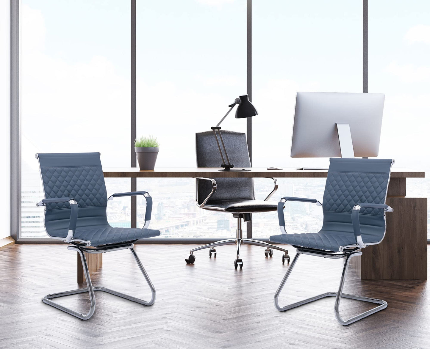 VESCASA Office Guest Chairs with Rhombic Grid Design Back, Faux Leather Reception Chairs with Arms for Meeting/Waiting/Conference Room with Chrome Metal Sled Base, Set of 4, Navy Blue