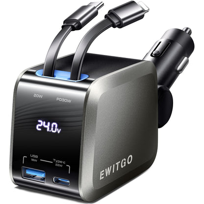 4-in-1 USB C Car Charger with Retractable Cables