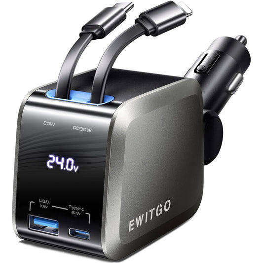 4-in-1 USB C Car Charger with Retractable Cables