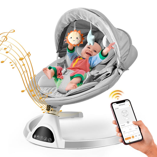 Ixdregan Baby Swings for Infants - Exclusive App & Bluetooth Electric Baby Swing, Smart Sensor&Timing, 5 Speeds, 12 Preset Lullabies and Back-Up Pillow, Portable Baby Swing for Indoor/Outdoor(Grey)