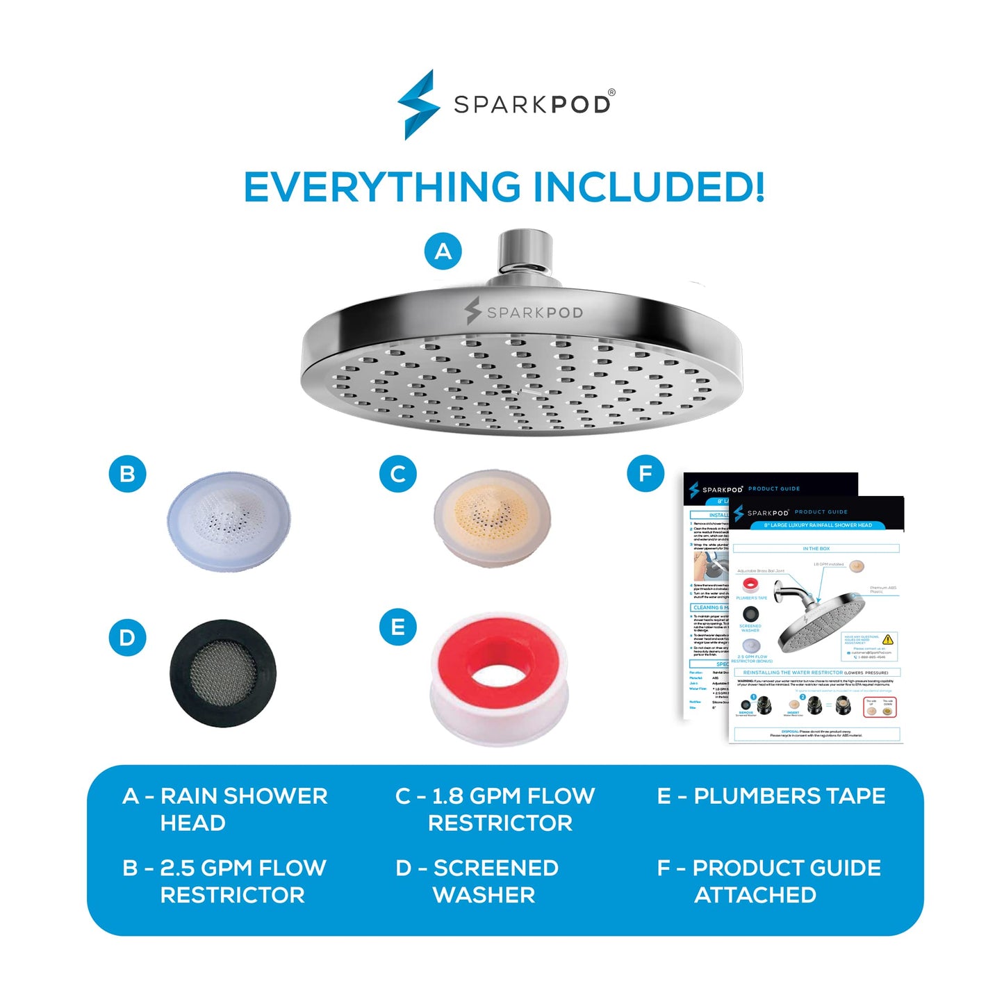 SparkPod Shower Head - High Pressure Rain - Premium Quality Luxury Design - 1-Min Install - Easy Clean Adjustable Replacement for Your Bathroom Shower Heads (8" Round, White Marble)