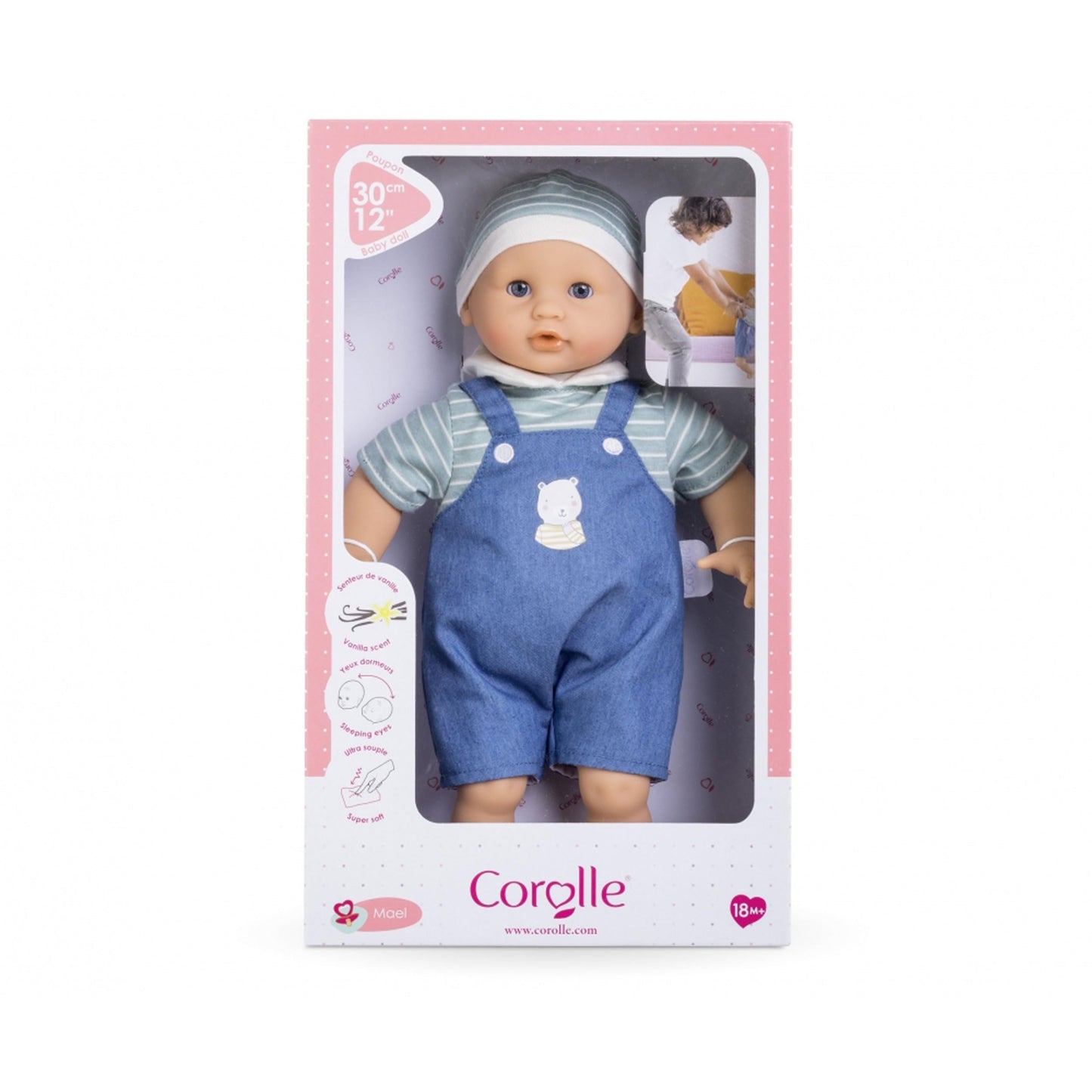 Corolle Bébé Calin Mael Boy Baby Doll - 12" Soft Body Doll with Blue Outfit, Sleeping Eyes That Open and Close, Vanilla Scented, Mon Premier Poupon Collection for Ages 18 Months and up