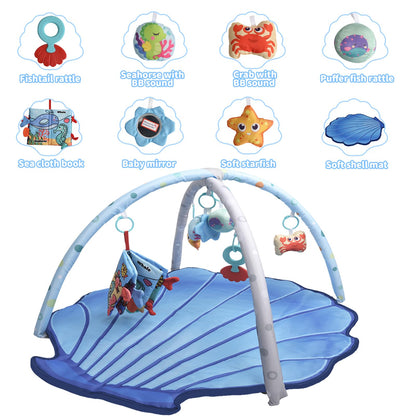 Baby Gym Play Mat for Babies 0-6 Months Infant Tummy Time Mat Activity Gym, Blue Shell Baby Gyms & Playmats Newborn Brain Sensory Development 6-12 Months, Baby Gifts