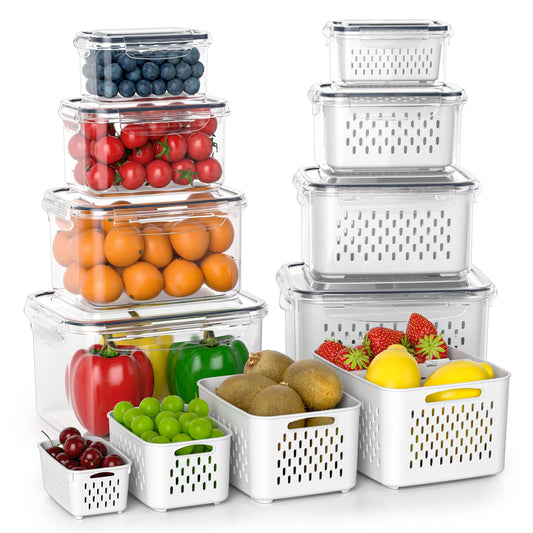 Fruit Storage Containers for Fridge with Removable Colander, 24PCS Fruit Containers for Fridge with 2 Function Divider Plate, Airtight Storage Container to Keep Berry Fruit Fresh, Dishwasher Safe