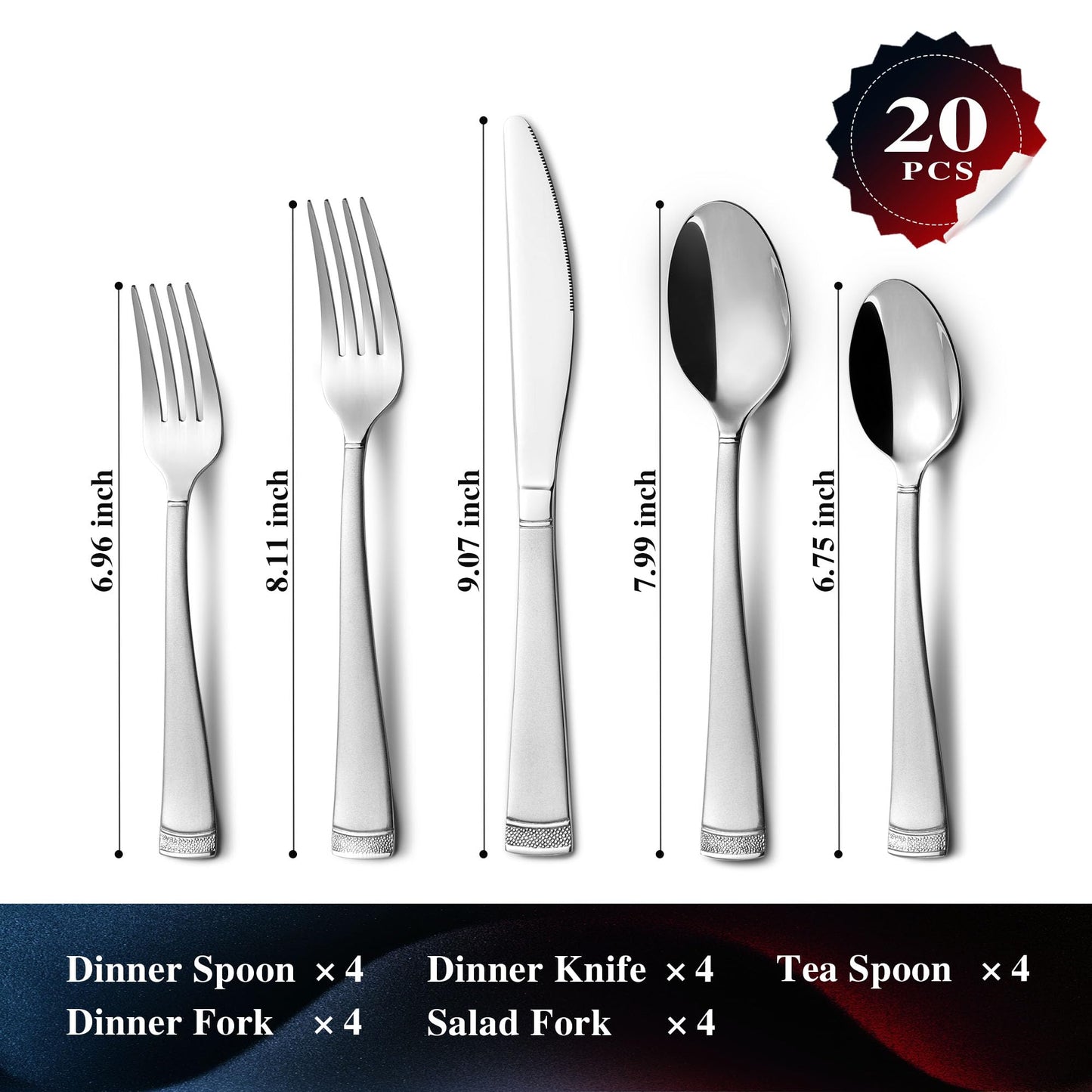 KINGSTONE Silverware Set 20 Piece Flatware Set for 4, Premium Stainless Steel Cutlery Set with Bead Edge, Matte Finished Kitchen Utensil Set for Home, Party, Wedding