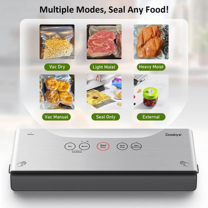 Gasbye 2-Pump Vacuum Sealer Machine, [2X Suction Power] Food Sealer for Dry, Wet Food, Sous Vide, 44Pcs Precut Bags Included, Easy-to-Clean Removable Drip Tray, Durable Silicone Gaskets, Silver