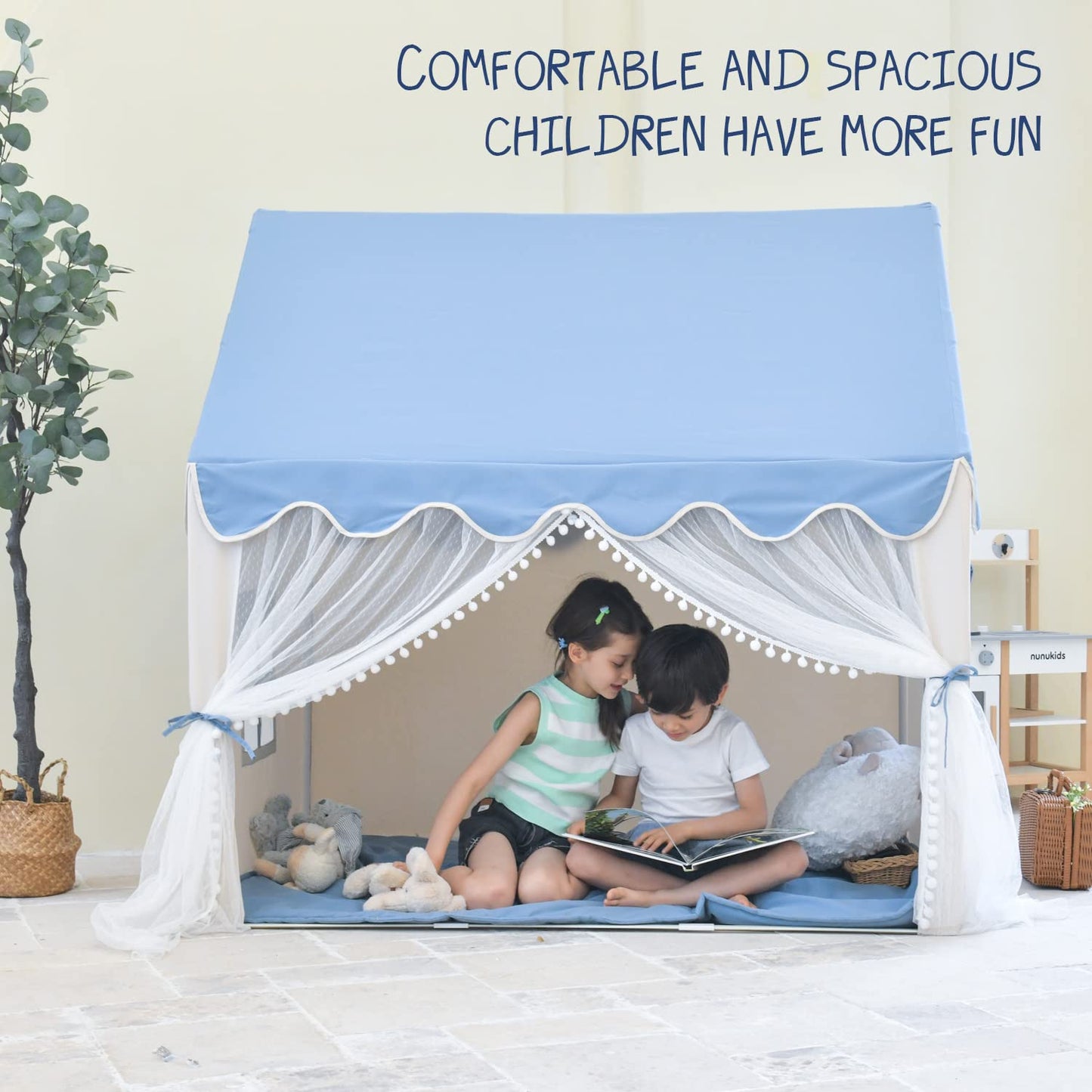 Kids Play Tent Large Fairly Kids Tent Indoor for Girls Boys Toddlers Playhouse Tent Castle with Lace Curtain and Windows Game Party Decoration (Blue)