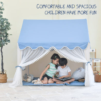 Kids Play Tent Large Fairly Kids Tent Indoor for Girls Boys Toddlers Playhouse Tent Castle with Lace Curtain and Windows Game Party Decoration (Blue)