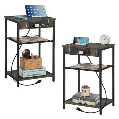 MOOACE End Tables Set of 2 with Charging Station and USB Ports, Bedside Storage Organizer, Nightstand, Small Cabinet, Closet for Bedroom, Living Room, Office and College Dorms, Gray