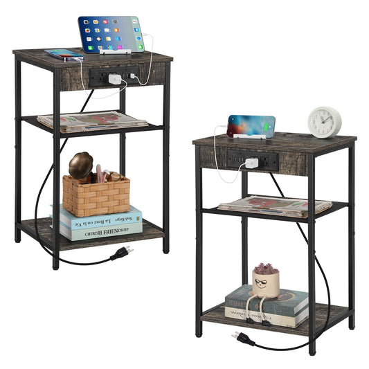 MOOACE End Tables Set of 2 with Charging Station and USB Ports, Bedside Storage Organizer, Nightstand, Small Cabinet, Closet for Bedroom, Living Room, Office and College Dorms, Gray
