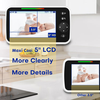 Maxi Cosi Baby Monitor with Camera and Audio, 5'' Sreen Baby Camera Monitor No WiFi,30-Hrs Battery, Pan-Tilt-Zoom Video Baby Monitors Portable,VOX, 2-Way Talk,Night Vision,8 Lullabies and 1000ft Range