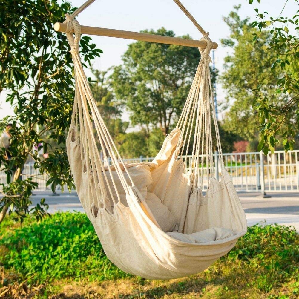 Hammock Chair Hanging Rope Swing Seat for Indoor Outdoor, Sturdy Cotton Weave Hammock Swing, Max 300Lbs Hanging Hammock Chair for Bedroom Patio Porch (Wooden Bar and Pillows NOT Included, Khaki)