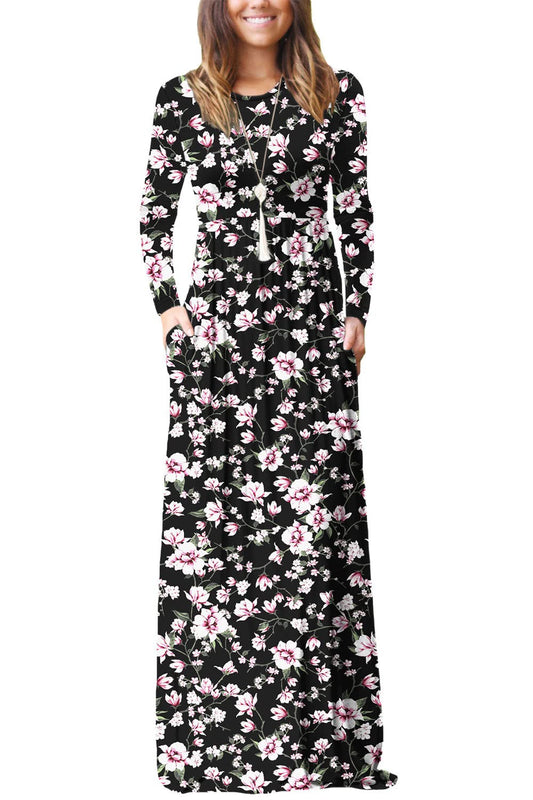 EUOVMY Maxi Dress for Women Floral Black Pink Large Round Neck Boho A-line Long Sleeve Casual Hawaiian Sundress Flowy Elegant Party Vacation Spring Summer Beach Long Sun Dresses with Pockets