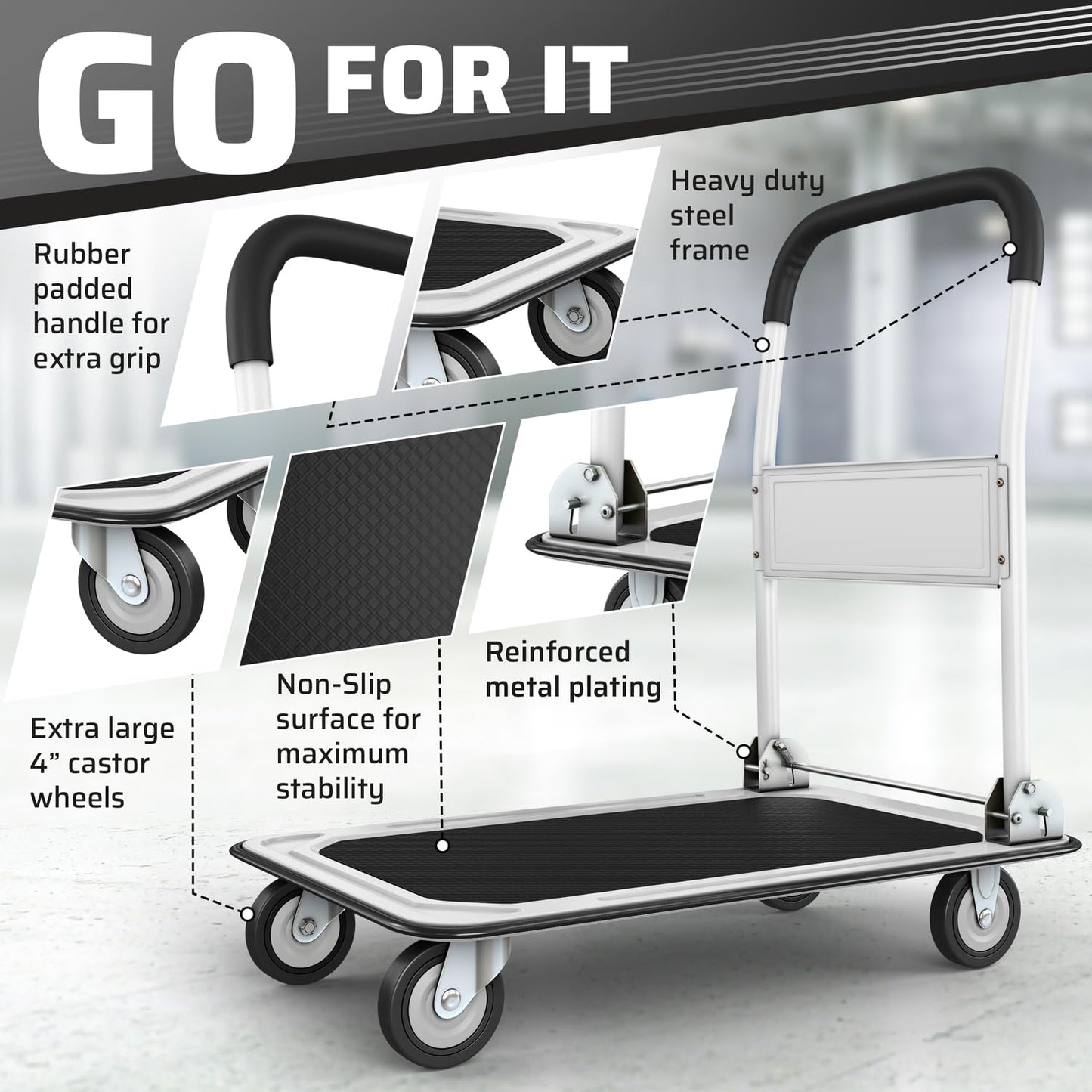 Upgraded Foldable Push Cart Dolly | 330 lbs. Capacity Moving Platform Hand Truck | Heavy Duty Space Saving Collapsible | Swivel Push Handle Flat Bed Wagon - White