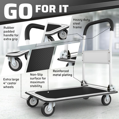 Upgraded Foldable Push Cart Dolly | 330 lbs. Capacity Moving Platform Hand Truck | Heavy Duty Space Saving Collapsible | Swivel Push Handle Flat Bed Wagon - White