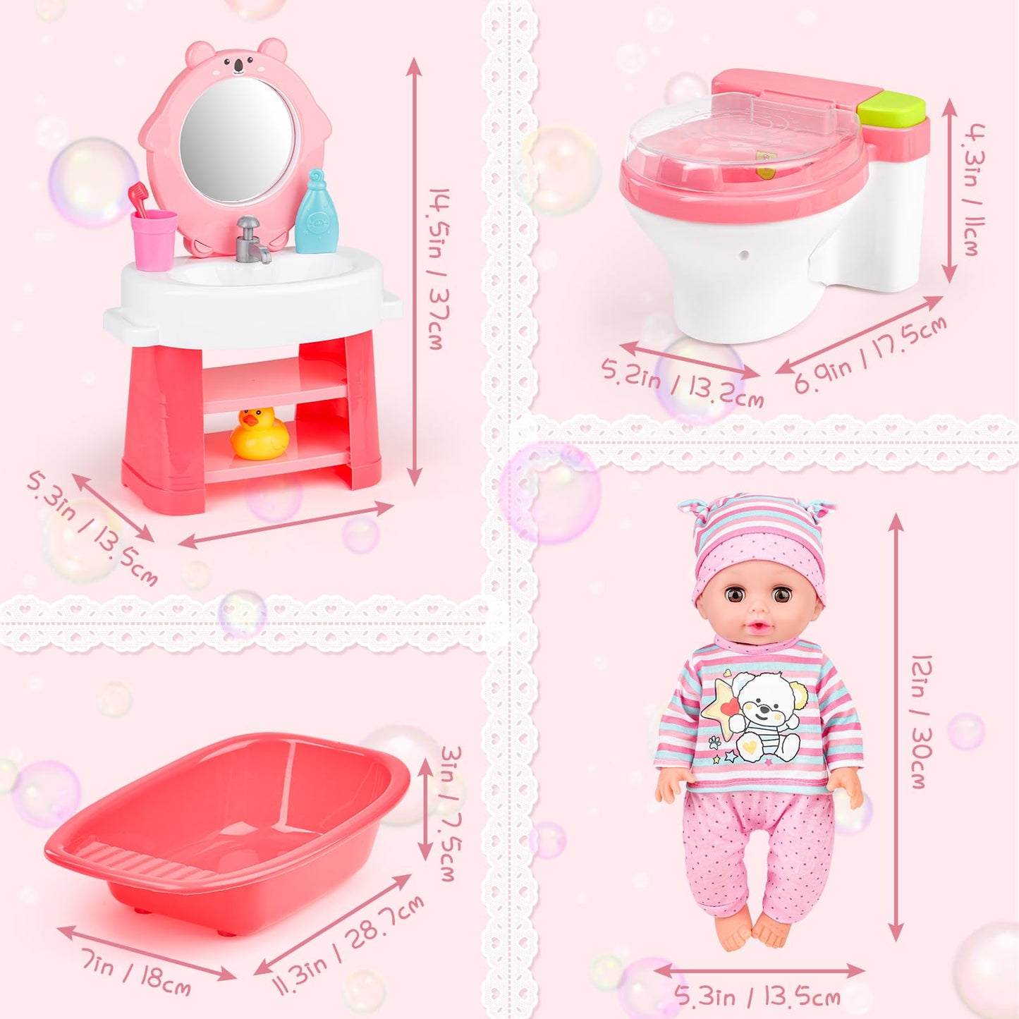 deAO 12 Inch Baby Doll Set 26 PCS Doll Playset with Bathroom Sink,Toilet,Bathtub and Accessories,Pretend Play Doll Toys with Sound and Light for 3 4 5 6 7 8 Years Old Kids Girls Boys