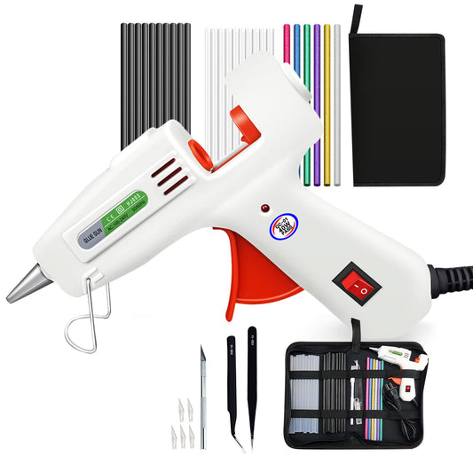Hot glue gun kit, with 10 transparent glue sticks, 10 black glue sticks, 6 colored glue sticks, carving knife with 5 cutting heads, two pointed tweezers, 40W fast preheating glue gun