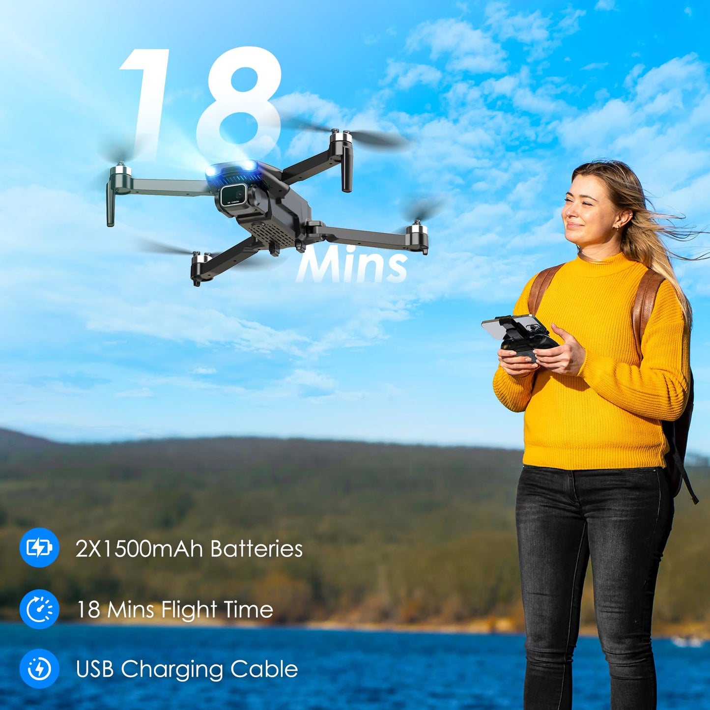 Drone with Camera, Brushless Motor 1080P FPV Drone with 2 Batteries, One Key Take Off/Land, 360 Flips, Waypoint Fly, Altitude Hold, Gravity Control, Foldable Mini Drones for Kids 14+, Beginner