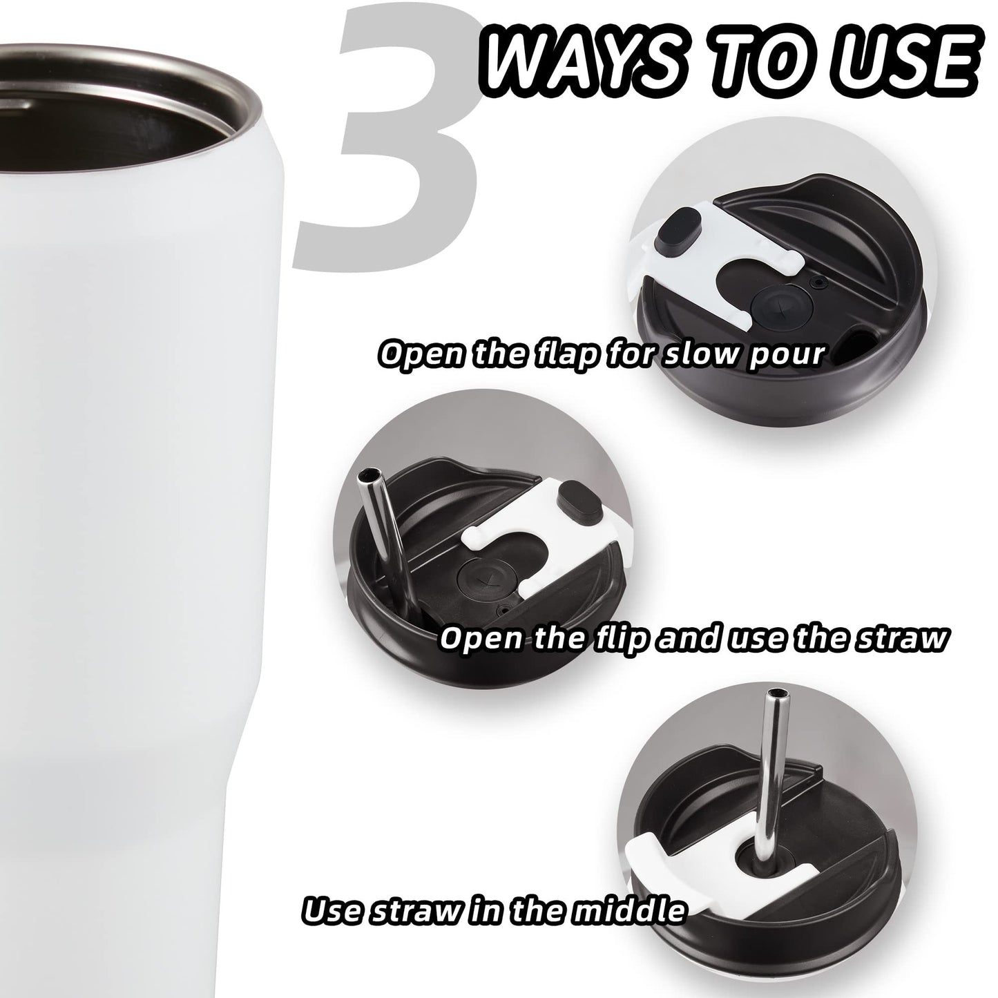 Zibtes 40oz Insulated Tumbler with handle and Lid Straws, Stainless Steel Travel Coffee Cup Holder Friendly, Metal Water Bottle Keeps Drinks Cold up to 34 Hours(White 1 pack)