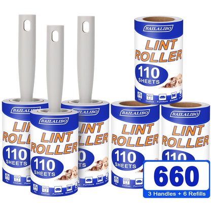 BAILALIBO Lint Roller, 660 Sheets Lint Rollers for Pet Hair Extra Sticky, 3 Handles + 6 Refills, Lint Remover for Clothes, Couch, Dog, Cat Hair, Strong Sticky Lint Roller Refills, Pet Hair Removal.