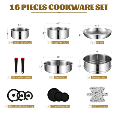 16-Piece Stainless Steel Cookware Set with Detachable Handles