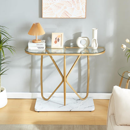 HOMISSUE Console Table, Modern Console Table with Tempered Glass Top and Metal Frame, Glass Entryway Table with Marbled MDF Base, Console Table for Entryway, Hallway, Living Room (Gold&Clear Glass)