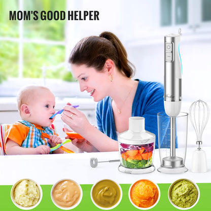 MOOKA FAMILY 5-in-1 Immersion Blender Set, 1100W 12-Speed Hand Stick Blender with 600ml Beaker, 500ml Food Processor, Egg Whisk, Milk Frother, White