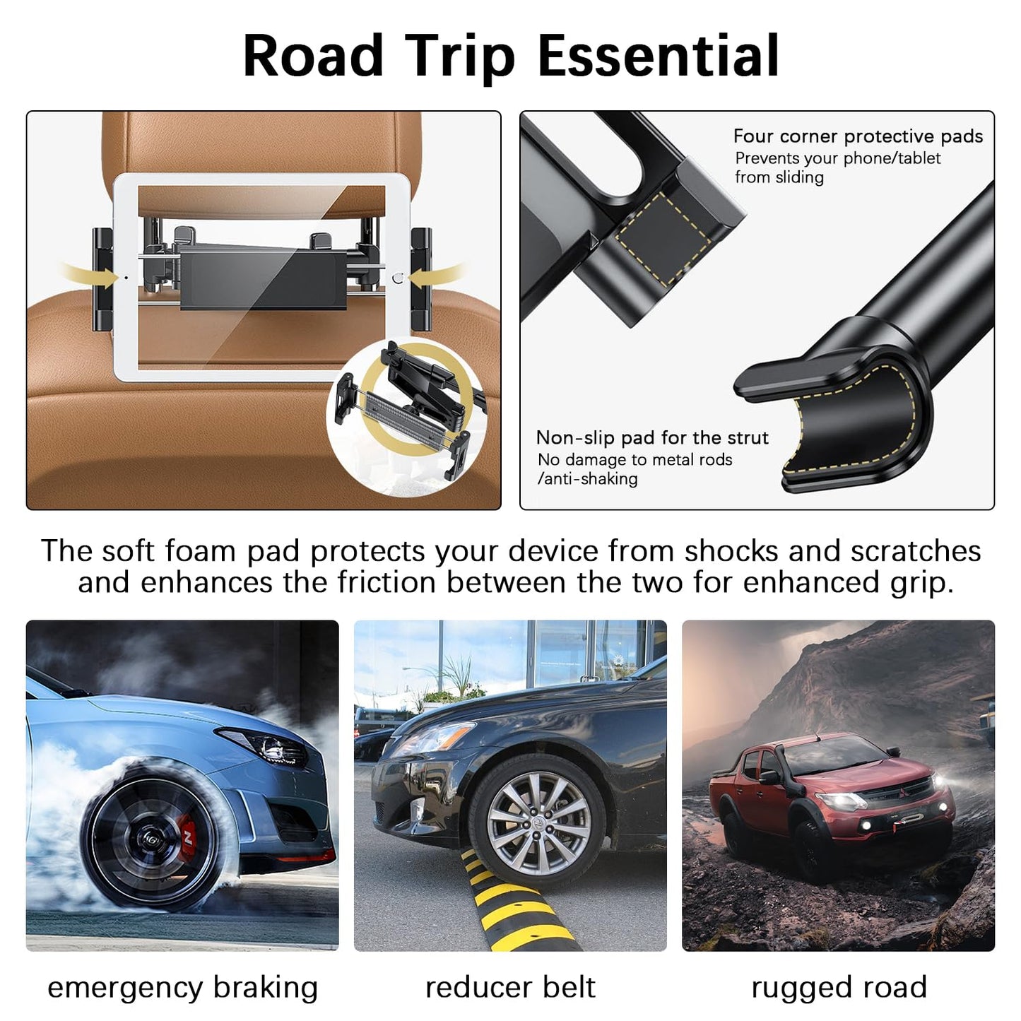 Tablet Holder for Car - Car Tablet Holder, [3 in 1 Extension Arm] Long Trip Car Tablet Mount, Road Trip Essentials, Car Backseat Tablet Mount Compatible with 4-12" Tablets & Headrest Rod (Black)