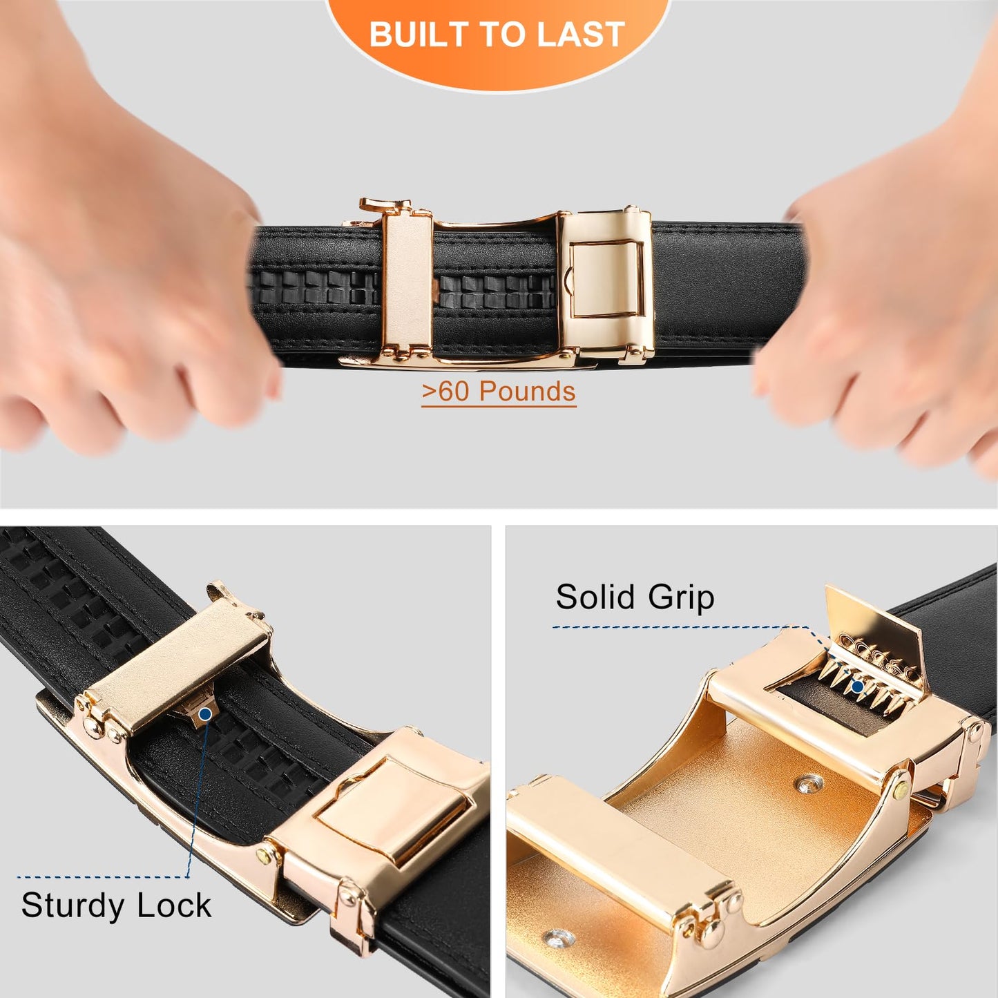 GAEKEAO Men's Ratchet Belt Genuine Leather 1 3/8" Slide Belt for Men Automatic Adjustable Click Buckle Belts for Dress Casual Trim to Fit