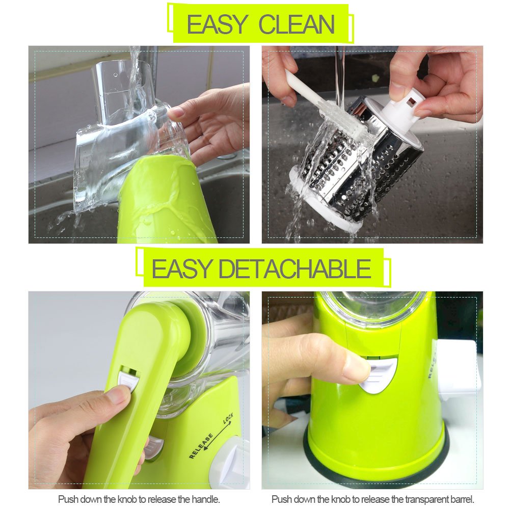 Cambom Rotary Cheese Grater Hand Crank Cheese Shredder for Fresh Cheese, Vegetable, Nuts,Non-slip Suction Base, Free Cleaning Brush Three Blades, Green